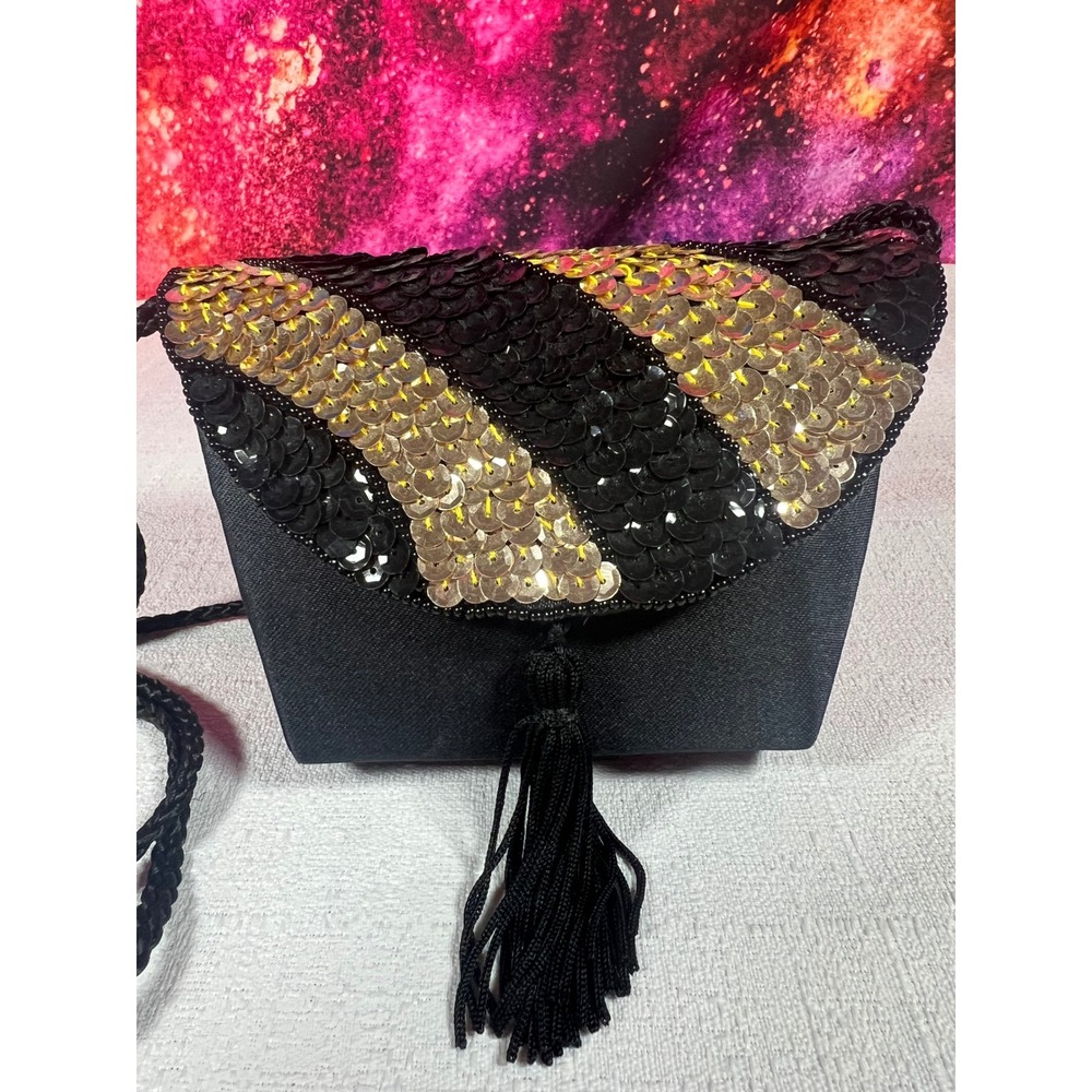 Vintage Black Gold Sequin Evening Bag Tassel Satin Crossbody Small Clutch
